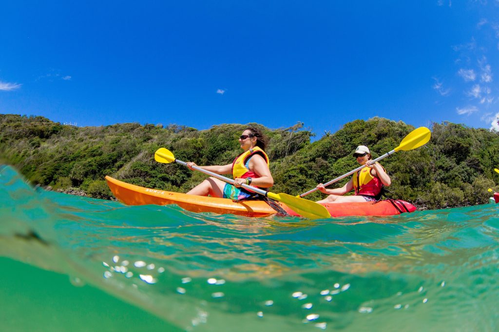 People kayaking in the creek at Boambee Creek Reserve