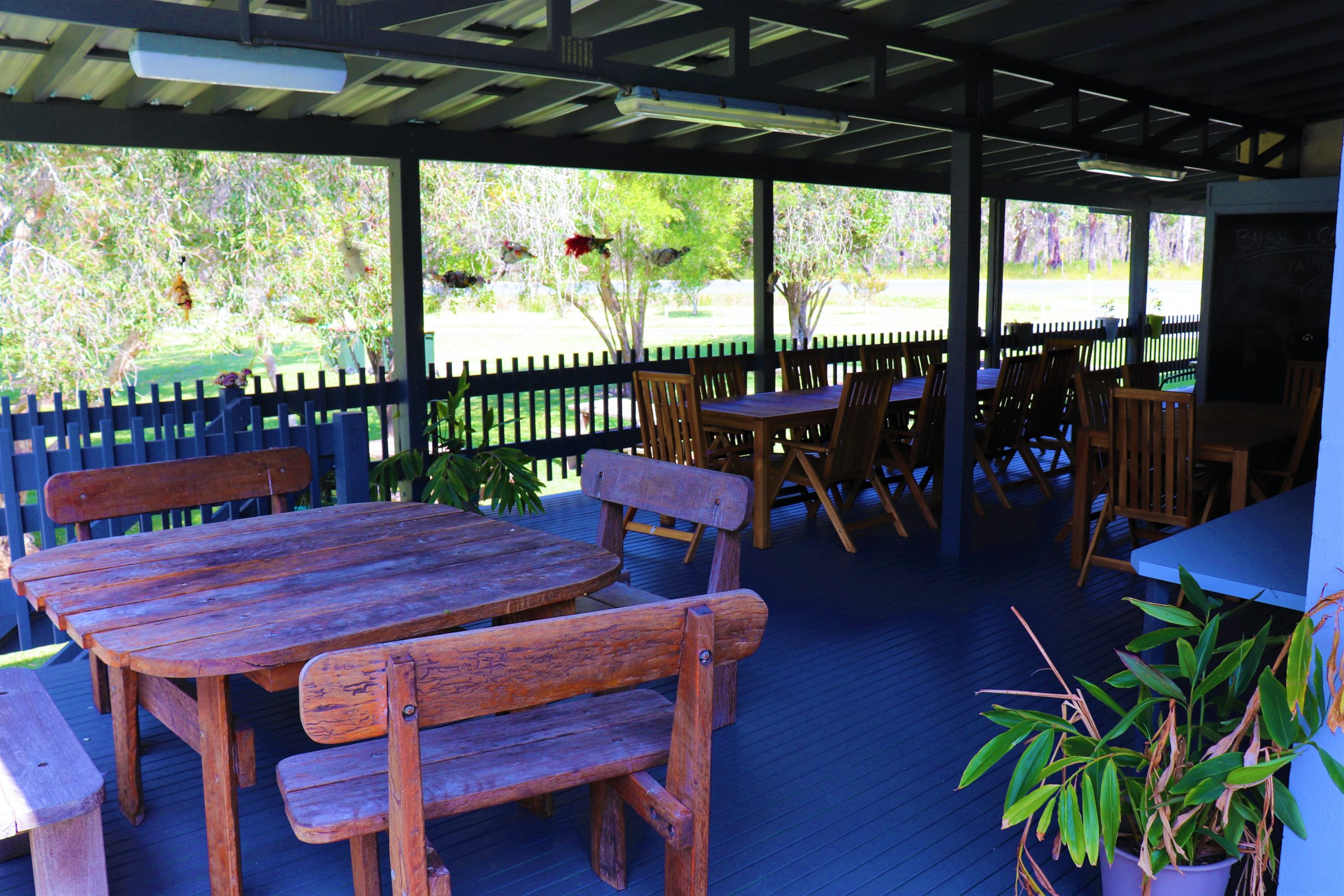Seating out back of The Pipeclay Cafe has a beautiful view of the bushland