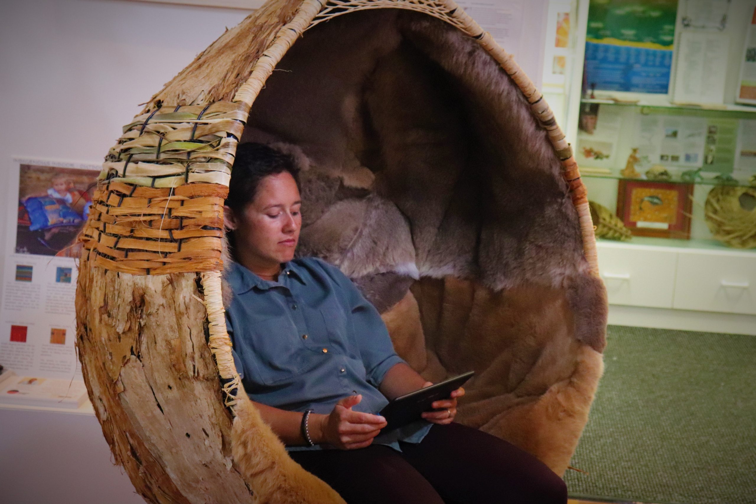 The pods are woven with native fibres, lined with soft kangaroo skin and tells old local stories