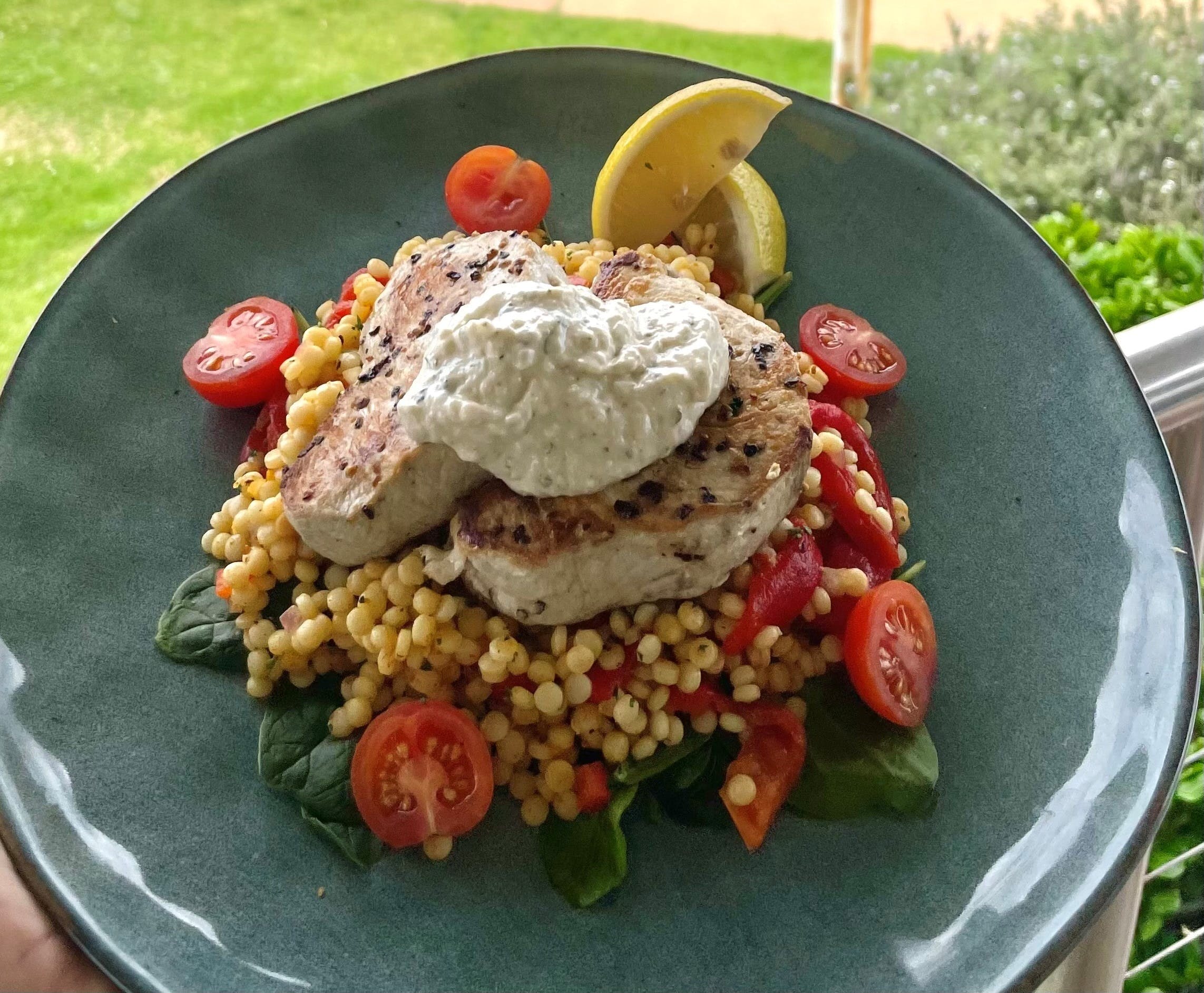 Swordfish with Pearl Cous Cous Salad