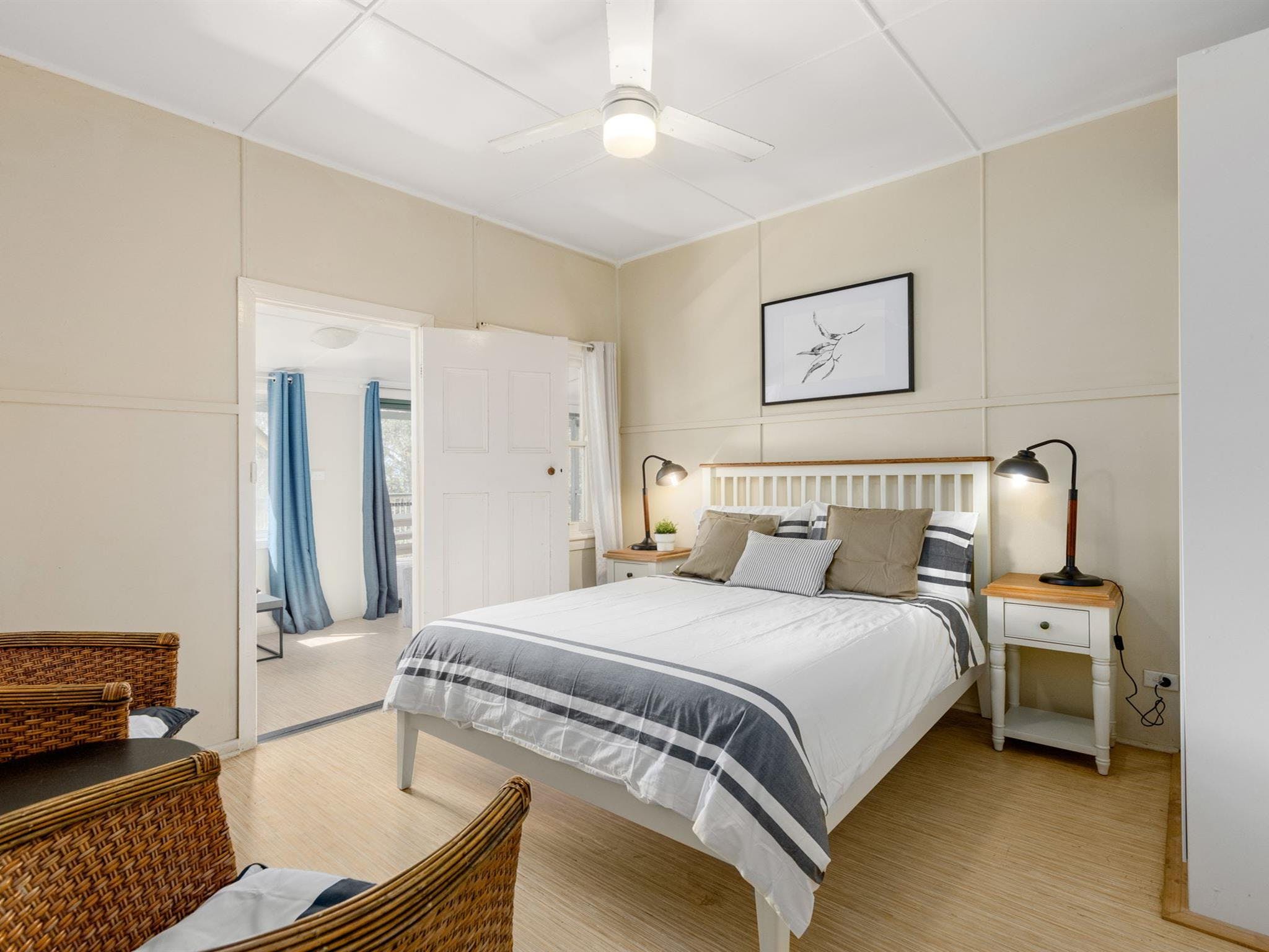 Interior of Tuckers Rocks Cottage master bedroom. Photo: Mitchell Franzi/DPIE
