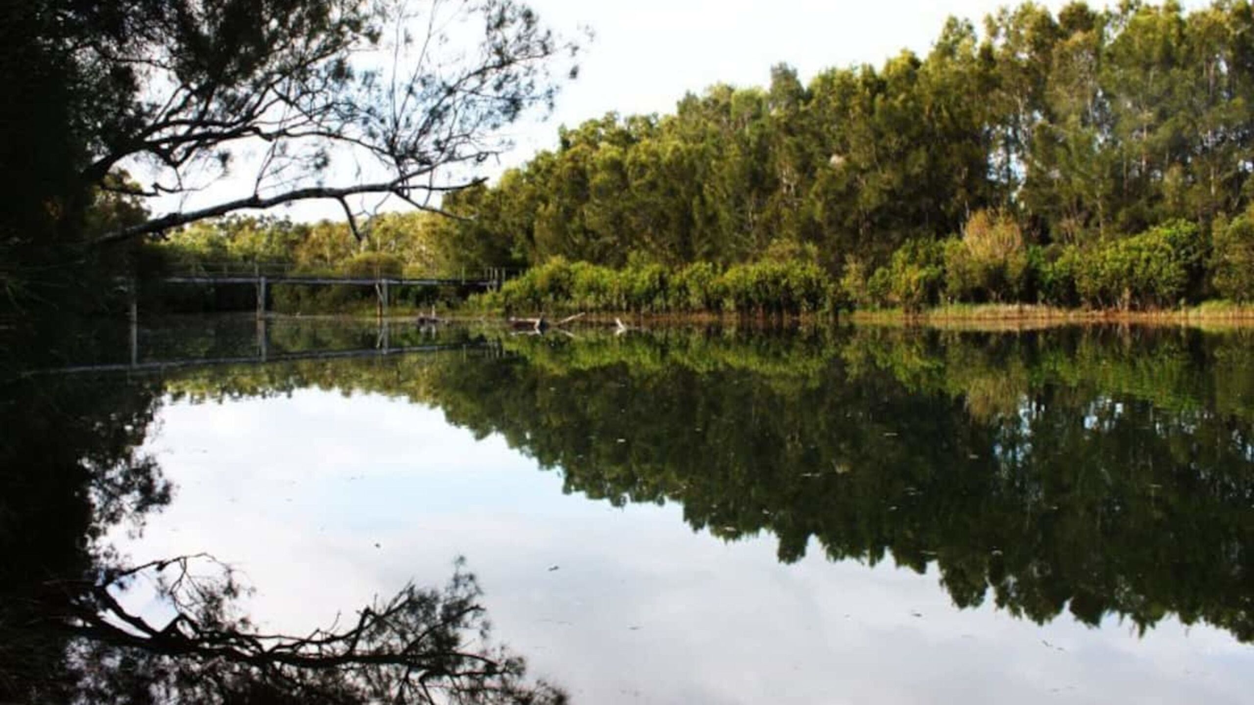 The still waters of the creek bordering the property with footbridge to the beach & town in the background.